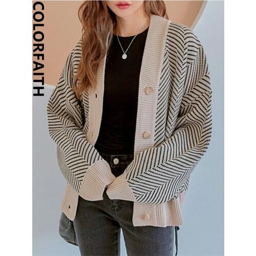 Colorfaith New 2021 Womens Autumn Winter Sweater Fashionable Elegant Oversized Striped Cardigans Knitted Vintage Tops SWC1507JX