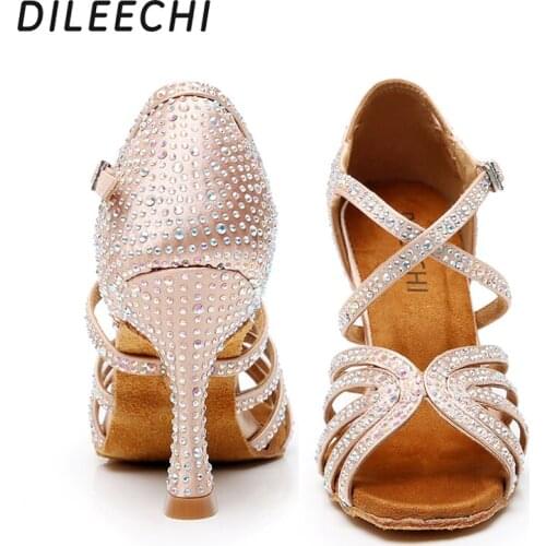 DILEECHI Women Party Dance Shoes Satin Shining rhinestones Soft Bottom Latin Dance Shoes Woman Salsa Dance Shoes skin heel 9cm