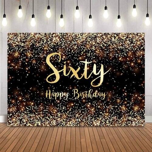 Sixty Birthday Party Photo Background Black and Gold Glitter Birthday Party Decoration Photocall Dessert Table Banner Backdrop