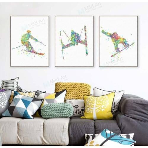 Watercolor Canvas Painting Skiing Sports Modern Minimalist Boy Bedroom Decorational Picture Canvas Wall Art Home Decor