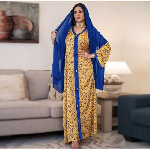 Eid Elegant Ethnic Floral Maxi Dress for Women 2021 Loose Plus Size Muslim Jalabiya Long Sleeve Arabic Dubai Islamic Clothing