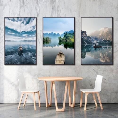 Lake View Canvas Painting Natural Landscape Mountain Boat Hanging Wall Art for Living Room Bedroom Home Decor Poster