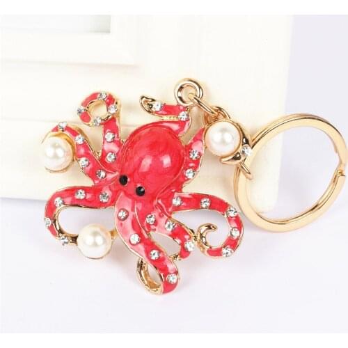 Red Octopus Pearl Pendant Crystal Charm Purse Handbag Key Keyring Keychain Party Wedding Birthday Carkey Gift