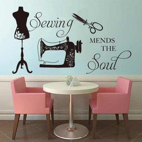 Sew Machine Wall Sticker Sewing Shop Wall Decor Scissors Vinyl Decal Clothing Store Decoration Needlework Mural Mends Quote Soul