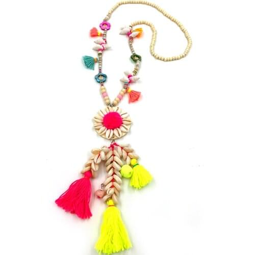 2020 New Spring Bohemian Boho cotton Tassel Necklace Colorful pompoms Handmade cowrie shell Long pendant Necklace for Women
