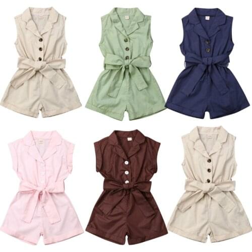 1-5Y Toddler Kids Baby Girls Clothes Sleeveless V Neck Bow Short Romper Jumpsuits Playsuit Solid Casual Summer Baby Outfits
