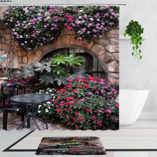 Retro Pastoral Street View Shower Curtains Town Plants Flowers Potted Art Landscape Home Decor Curtain Non-Slip Bath Mats Carpet