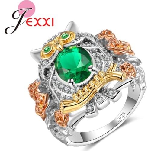 Retro Styles Genuine 925 Sterling Silver Big Owl Animals Finger Rings with Green Crystals Women Christmas Gifts Accessory