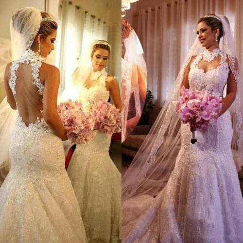 Luxury Sparkly Wedding Dress Sexy Sheer Bling Beaded Lace Applique High Neck Stunning Mermaid Illusion Back Bridal Gowns Chapel