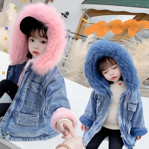 Big Fur Hooded Denim Wool Coats for Girls Thicken Warm Long Outerwear Chritsmas Girl Jacket Clothing Baby Girl Clothes 2 4 5 6 8