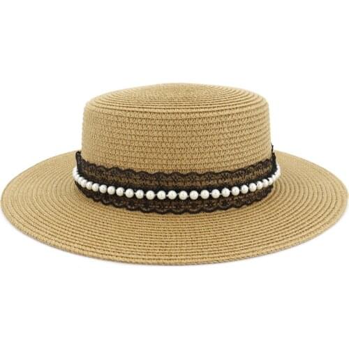 Summer Straw Cap Ladies Elegant French Style Lace Pearl Sun Hat For Women Female Wide Brim Beach Hats Fashion Sombrero Playa