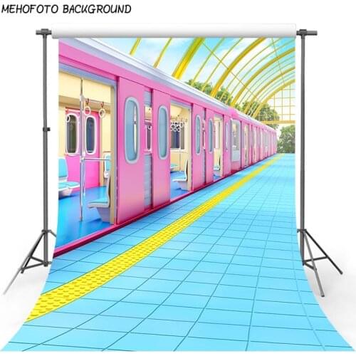 Vinyl Background Blue Brick Street Pink Train Outdoor Photography Backdrop for Wedding 10x10 Nature Scenic Picture Background