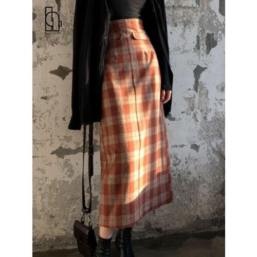 Luck A High Waist Long Wool Plaid Skirt For Women Warm Wool Elegant Office Lady Vintage Skirt Autumn Winter Maxi Skirts Bottoms