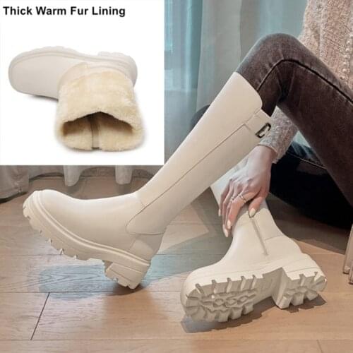 Ochanmeb Size 33-40 Thermal Fur Fleece Snow Boots Women Buckle Zipper Chunky Heels Platform Knee High Boot Woman Square Toe Shoe