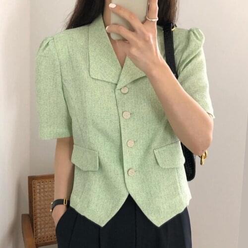 Korean Chic Summer French Green Lapel Chic Single-Breasted Loose Wild Short-Sleeved Suit Jacket Female