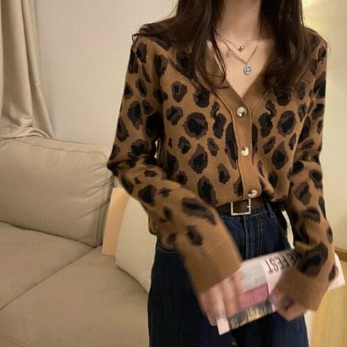 Autumn Winter Knitted Leopard Female Cardigan Casual Loose Elegant Office Ladies Sweater Coat Fashion V-neck Knitting Crop Tops