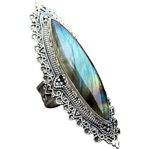 Retro Women Marquise Cut Faux Labradorite Inlaid Caved Finger Ring Jewelry Gift