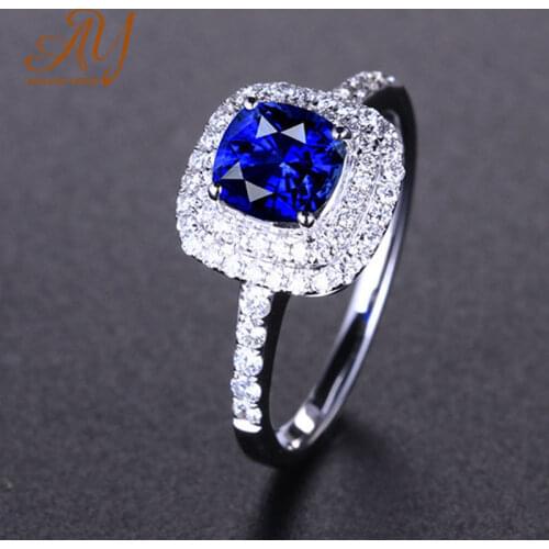 Anillos YuzukCreated Blue Sapphire Ring Princess Crown Halo Engagement Wedding Rings 925 Sterling Silver Rings For Women 2020