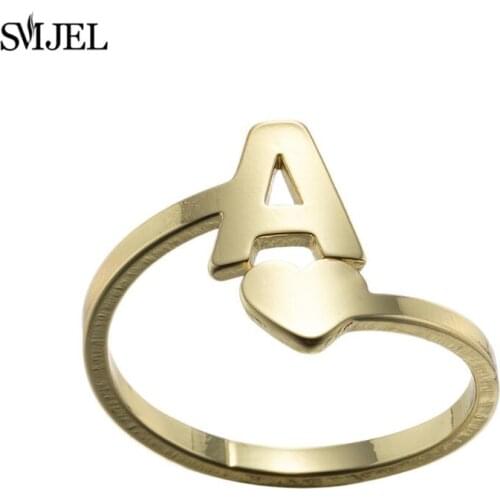 SMJEL Tiny Heart A-Z Letter Rings Adjustable Stainless Steel Opening Ring Initials Name Alphabet Female Party Trendy Jewelry