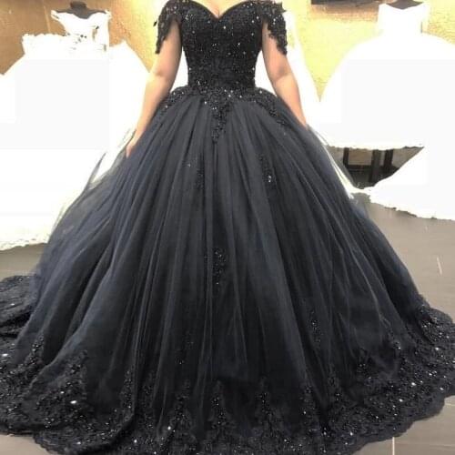 ANGELSBRIDEP Sweetheart Black Tulle Ball Gown Wedding Dress Cap-Shoulder Applique Court Train Formal Robe De Soirée De Mariage