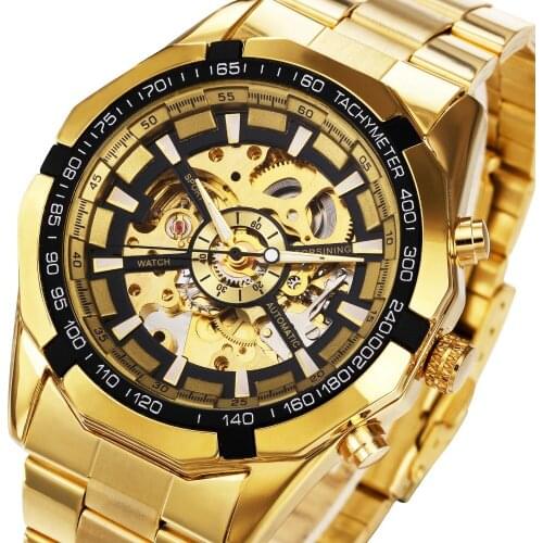 Fashion Winner Full Stainless Steel Watch Men Skeleton Automatic Mechanical Gold Vintage Man Mens Forsining Top Brand Luxury