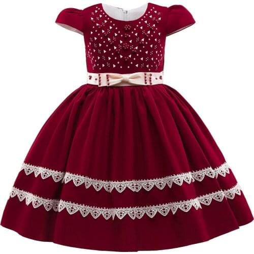 Girl Kid Short Sleeve O-neck A-link Bow Draw Back Lace Performance Host Costumes Birthday Party Evening Dress Elegant Beauty New
