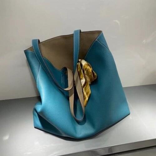 Double-sided Full Leather Double-sided First Layer Cowhide Shopping Bag Simple Fashionable Tote Bag Large Bag Shoulder Bag 2020