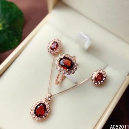 KJJEAXCMY fine jewelry natural garnet 925 sterling silver popular new girl pendant ring earrings set support test hot selling