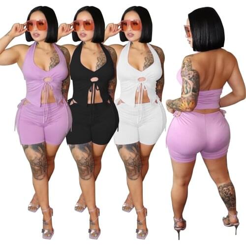 Chiclover Summer Clothes for Women Wholesale Item Sexy Two Piece Set Bandage Nightclubwear Outfit Lace Up Hollow Out Shorts Sets