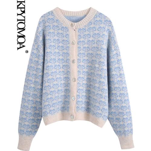 KPYTOMOA Women 2021 Fashion Loose Jacquard Knitted Cardigan Sweater Vintage Long Sleeve Button-up Female Outerwear Chic Tops
