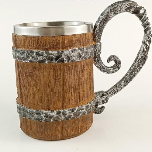 Wood Imitation Barrel Resin Stainless Steel Beer Mug Tankard Stein Coffee Cup Viking Style Birthday Christmas Halloween Gift