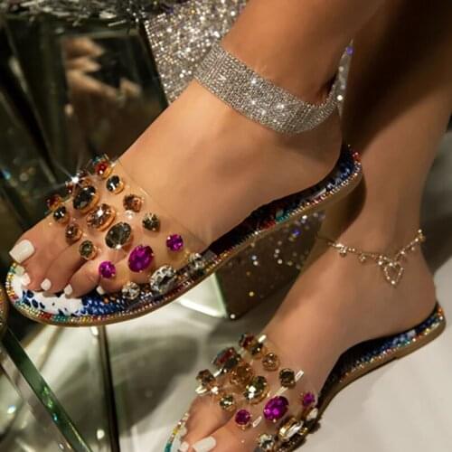 Summer comfortable handmade flat-bottomed Women slippers Fashionable wild Roman rhinestones plus size outdoor slippers 35-43