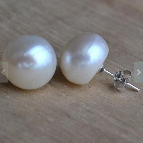 Favorite Real Pearl Earrings AA 13MM Huge White Natural Freshwater Pearl Earrings S925 Silver Stud Jewelry Charming Women Gift