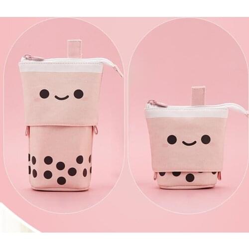 Cute Milk Tea Retractable Pencil Pouch Multifunctional Pen Holder Stationery Organizer