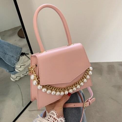 Mini PU Leather Small Crossbody Bag For Women 2021 Party Purse Solid Color Female Totes Handbag with Pearl Chain bag