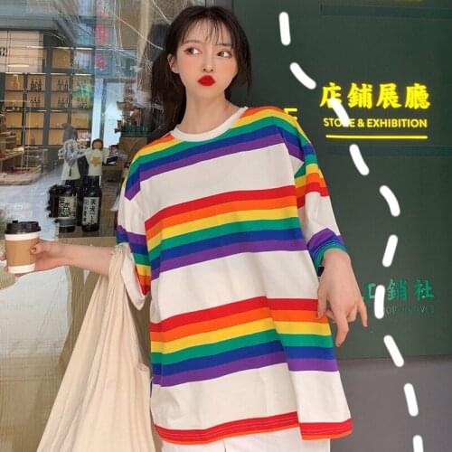 Youthful Vitality Colorful Rainbow Striped Short-Sleeved T-Shirt For Girls Harajuku Couple Clothes Oversized College Womens Top
