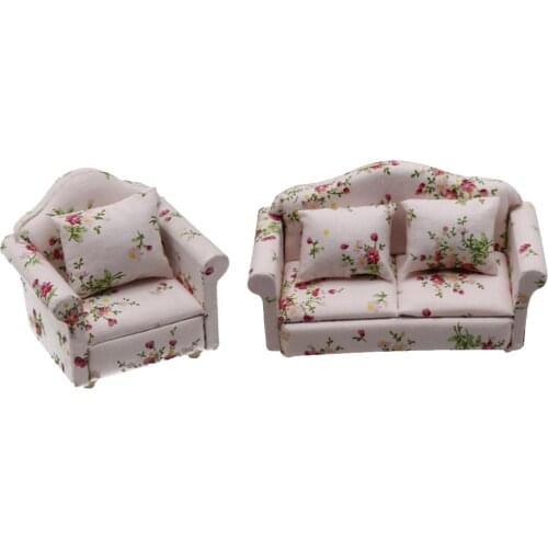 Set of 2 1:12 Wood Sofa Armchair Dollhouse Miniatures Furniture Living Room