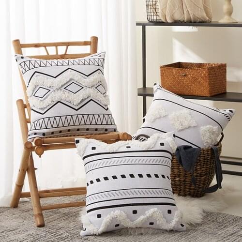 Moroccan Style Cushion Cover Black Geometric Pillow Cover Tufted Embroidery 45x45cm For Home Decoration Living Room Bed Room