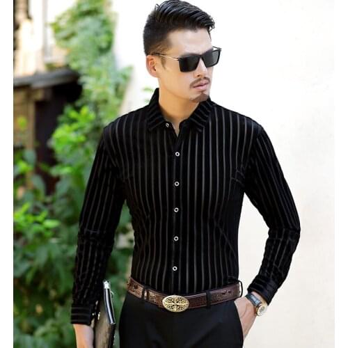 New Mens Gold Velvet Clothes Autumn Winter Hollow Velvet Shirt Sexy Male See Through Dress Shirts