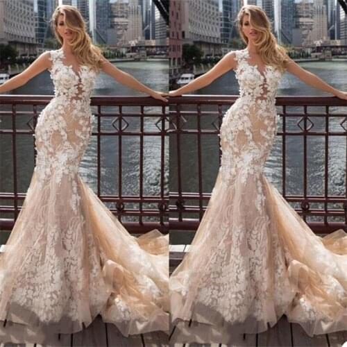 Newest Mermaid Wedding Dresses Long Sleeves Appliqued Lace Beads Bridal Gowns African Arabic Custom Made Robes Robe De Mariée
