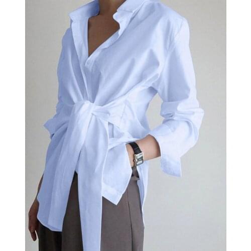 Summer New Pop Vogue Womens Long-sleeved Shirt ZANZEA Casual Lace-up Shirt Elegant Lapel OL Asymmetric Top Summer