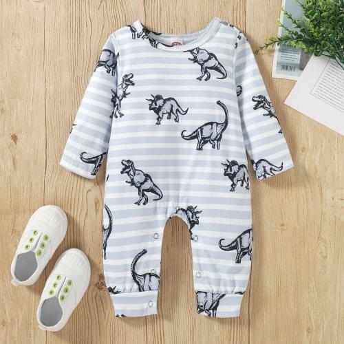 0-18M Newborn Baby Autumn Romper Stripe Dinosaur Print Long Sleeve O-neck Jumpsuit Casual Long Rompers for Boys Girls