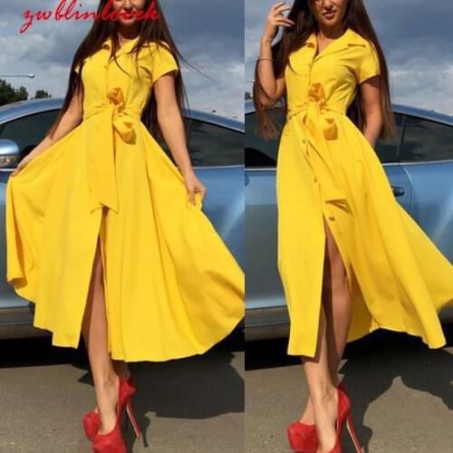 Summer Women Casual Elegant Short Sleeve Turn-down Collar Button Furcal Sashes Lace-up Tunic Solid Mid-Calf Empire Dress 2C0020