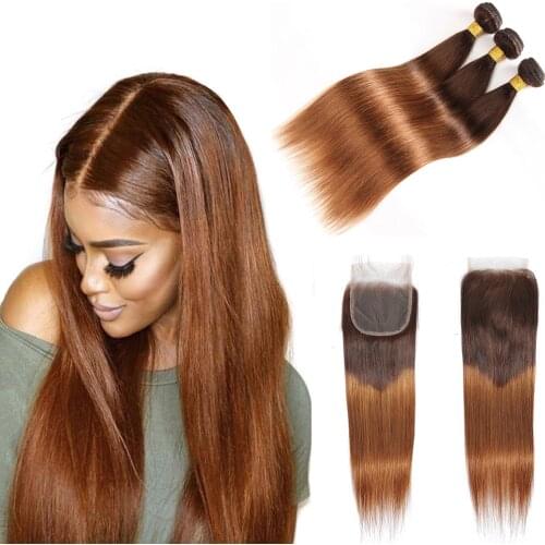 Ombre 3/4 Bundles Bundles With Closure Brazilian Straight Human Hair Bundles With Closure T4/30 Non-Remy Hair Weave Extensions