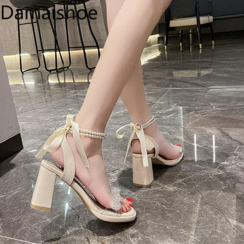 Womens Pumps High Heels Summer 2021 New Korean Style Pearl Rhinestone Chunky Heel Fairy Style Open Toe Shoes Elegant Sandals