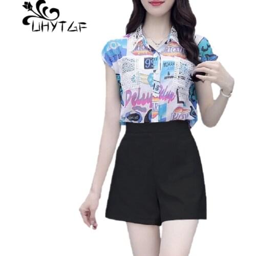 UHYTGF 2021Women Shorts Tracksuit Fashion Printed Chiffon Shirt Summer Two-Piece Sets Temperament Female 3XL Plus Size Suit 1404