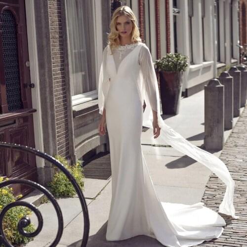 Vintage Muslim Mermaid Wedding Dress V Neck Sweep Train Chiffon Beach Bridal Gowns with Detachable Jacket 2021 Custom Made