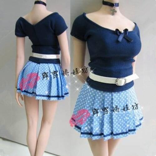 Custom 1/6 Scale Female Blue Shirt&Blue Dot Skirt Dress&Belt&Necklace Clothes Set Fit For 12 inches PH Doll Body Figure