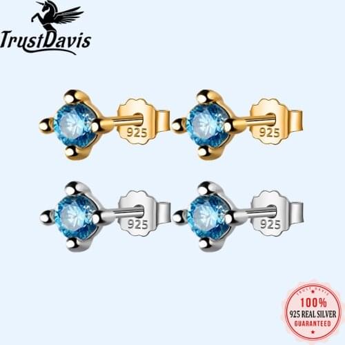 TrustDavis Real 925 Sterling Silver Fashion Mini Square Blue CZ Stud Earrings For Women Wedding Valentines Day Jewelry DB515