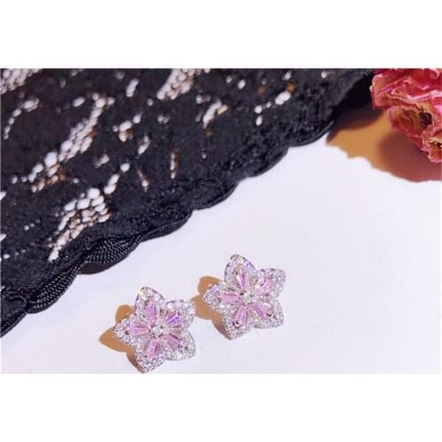 S925 Silver Needles Stud Earrings For Women Flower Pink Cubic Zirconia Diamant Fine Jewelry Temperament Personality Bijoux